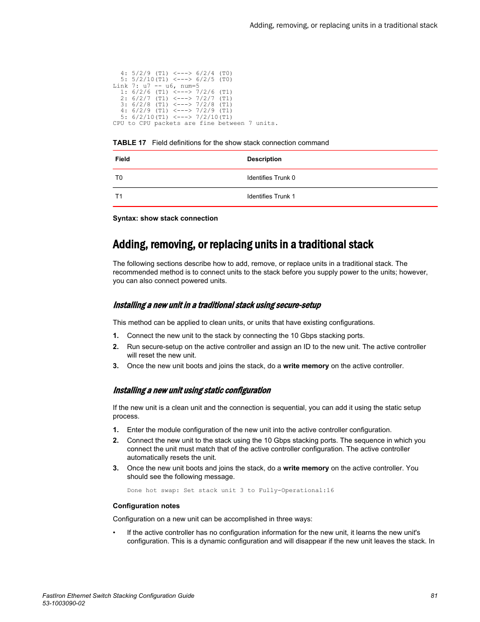 Installing a new unit using static configuration | Brocade FastIron Ethernet Switch Stacking Configuration Guide User Manual | Page 83 / 160