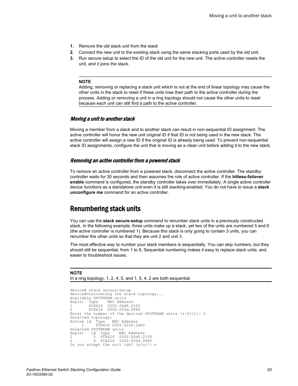 Moving a unit to another stack, Removing an active controller from a powered stack, Renumbering stack units | Brocade FastIron Ethernet Switch Stacking Configuration Guide User Manual | Page 85 / 160