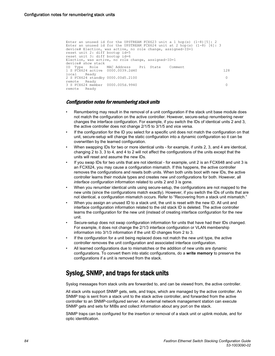 Configuration notes for renumbering stack units, Syslog, snmp, and traps for stack units | Brocade FastIron Ethernet Switch Stacking Configuration Guide User Manual | Page 86 / 160