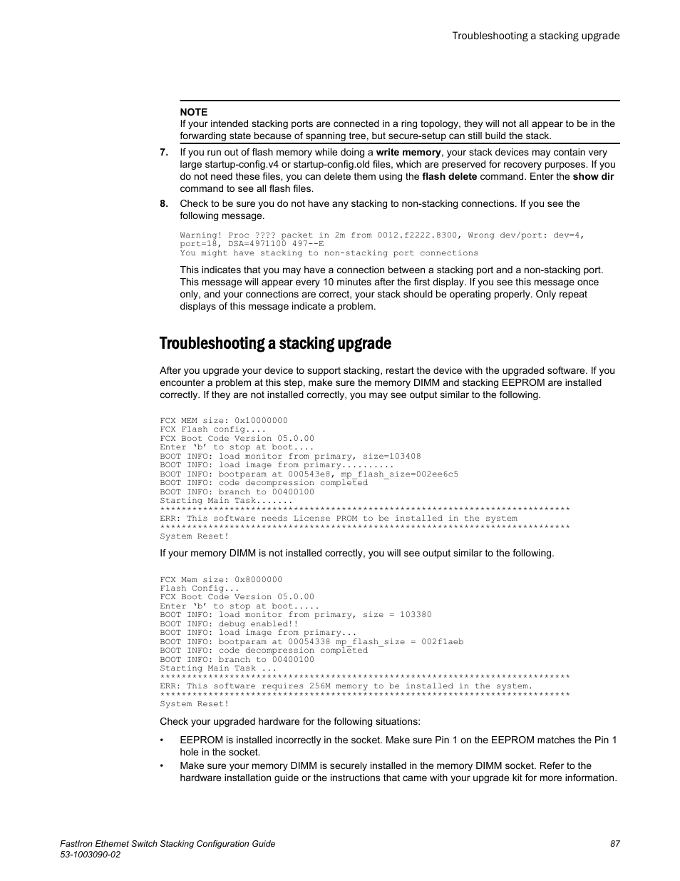 Troubleshooting a stacking upgrade | Brocade FastIron Ethernet Switch Stacking Configuration Guide User Manual | Page 89 / 160