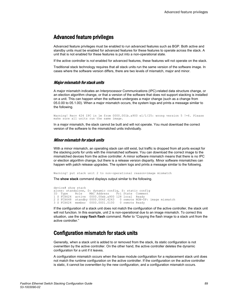 Advanced feature privileges, Major mismatch for stack units, Minor mismatch for stack units | Configuration mismatch for stack units | Brocade FastIron Ethernet Switch Stacking Configuration Guide User Manual | Page 91 / 160