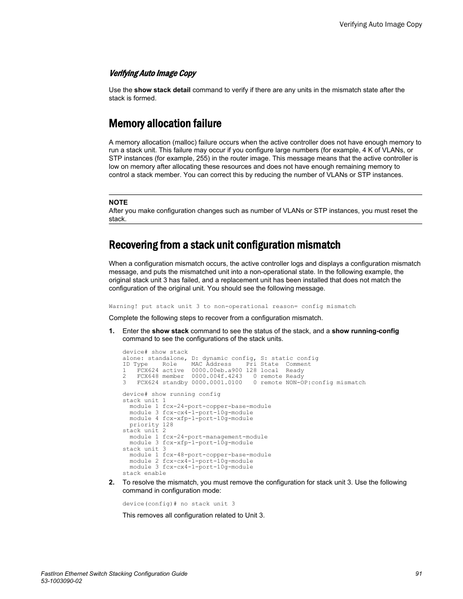 Verifying auto image copy, Memory allocation failure | Brocade FastIron Ethernet Switch Stacking Configuration Guide User Manual | Page 93 / 160