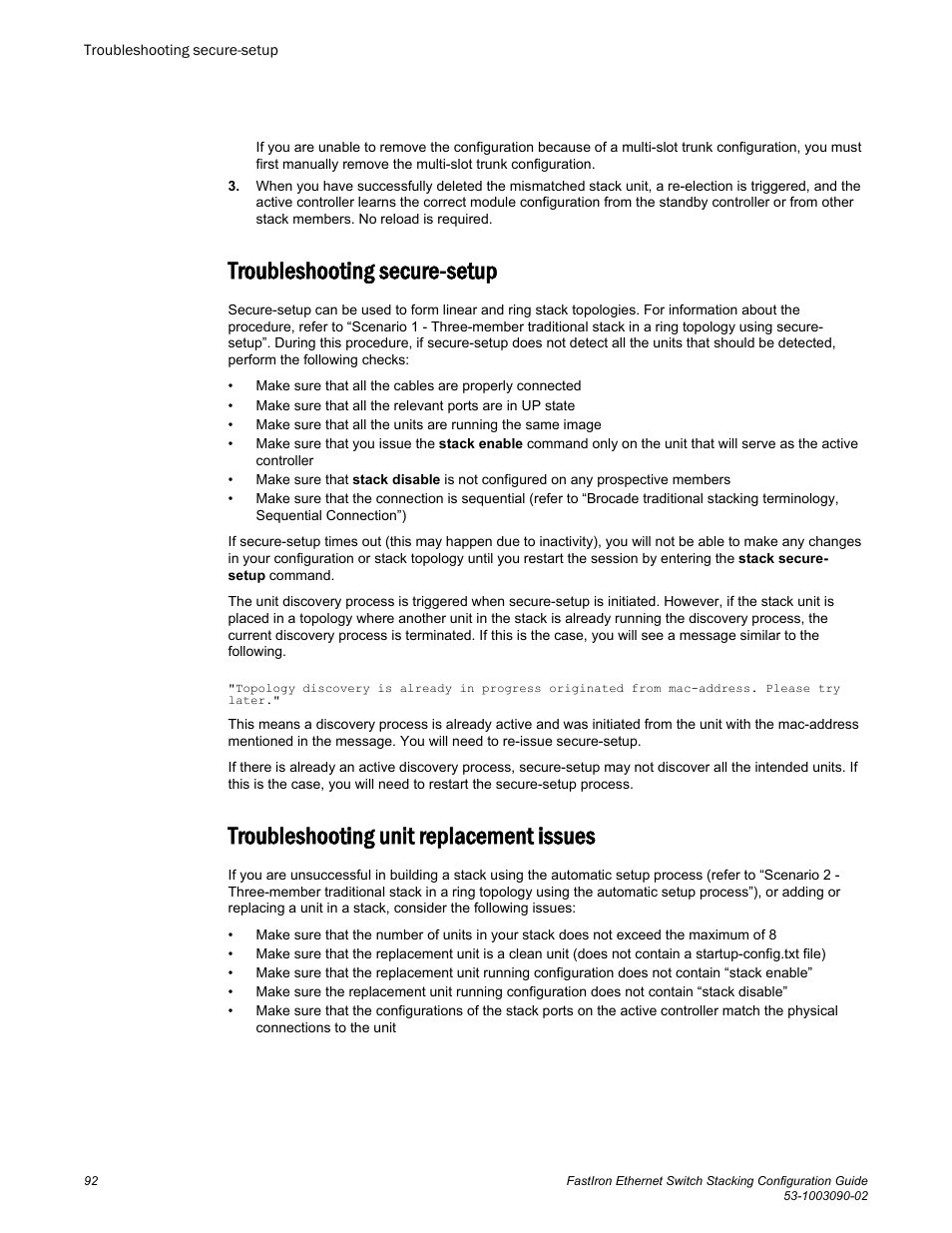 Troubleshooting secure-setup, Troubleshooting unit replacement issues | Brocade FastIron Ethernet Switch Stacking Configuration Guide User Manual | Page 94 / 160