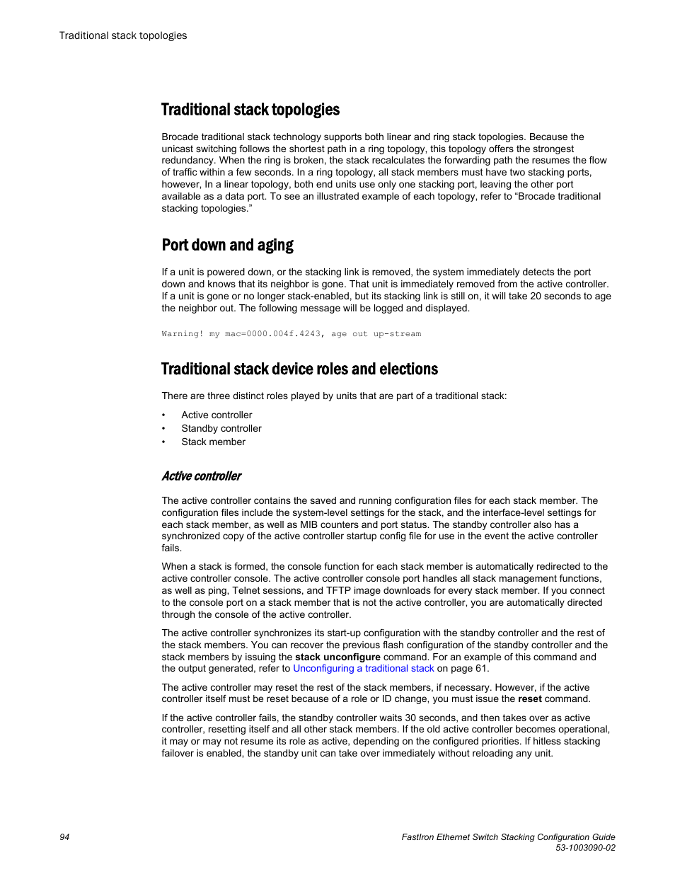 Traditional stack topologies, Port down and aging, Traditional stack device roles and elections | Active controller | Brocade FastIron Ethernet Switch Stacking Configuration Guide User Manual | Page 96 / 160