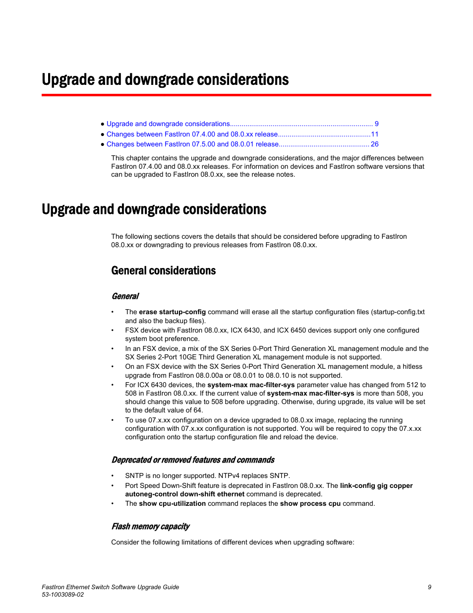 Upgrade and downgrade considerations, General considerations | Brocade FastIron Ethernet Switch Software Upgrade Guide User Manual | Page 11 / 121