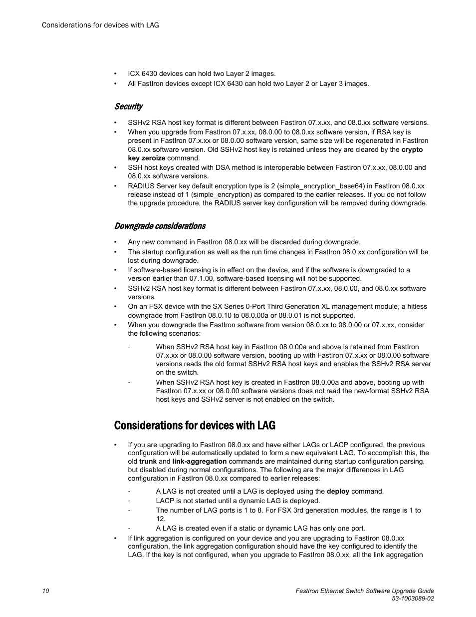 Considerations for devices with lag, Security, Downgrade considerations | Brocade FastIron Ethernet Switch Software Upgrade Guide User Manual | Page 12 / 121