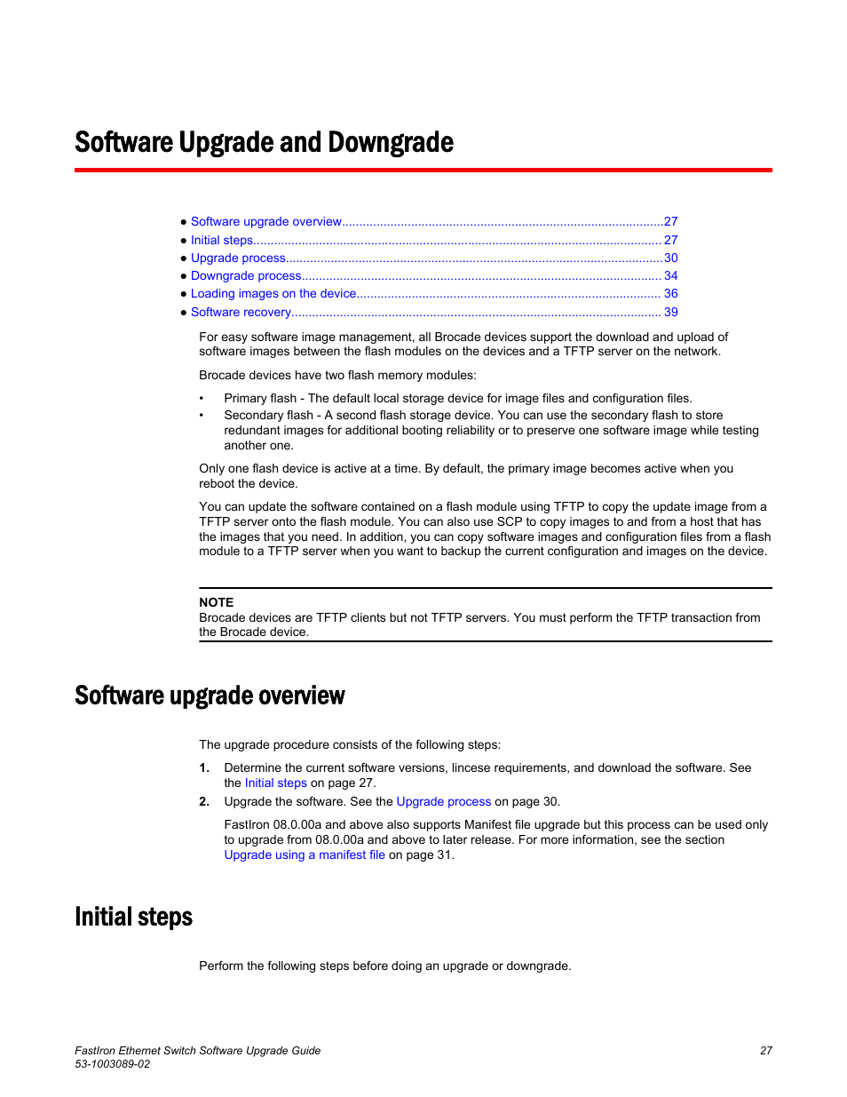 Software upgrade and downgrade, Software upgrade overview, Initial steps | Software upgrade overview initial steps | Brocade FastIron Ethernet Switch Software Upgrade Guide User Manual | Page 29 / 121