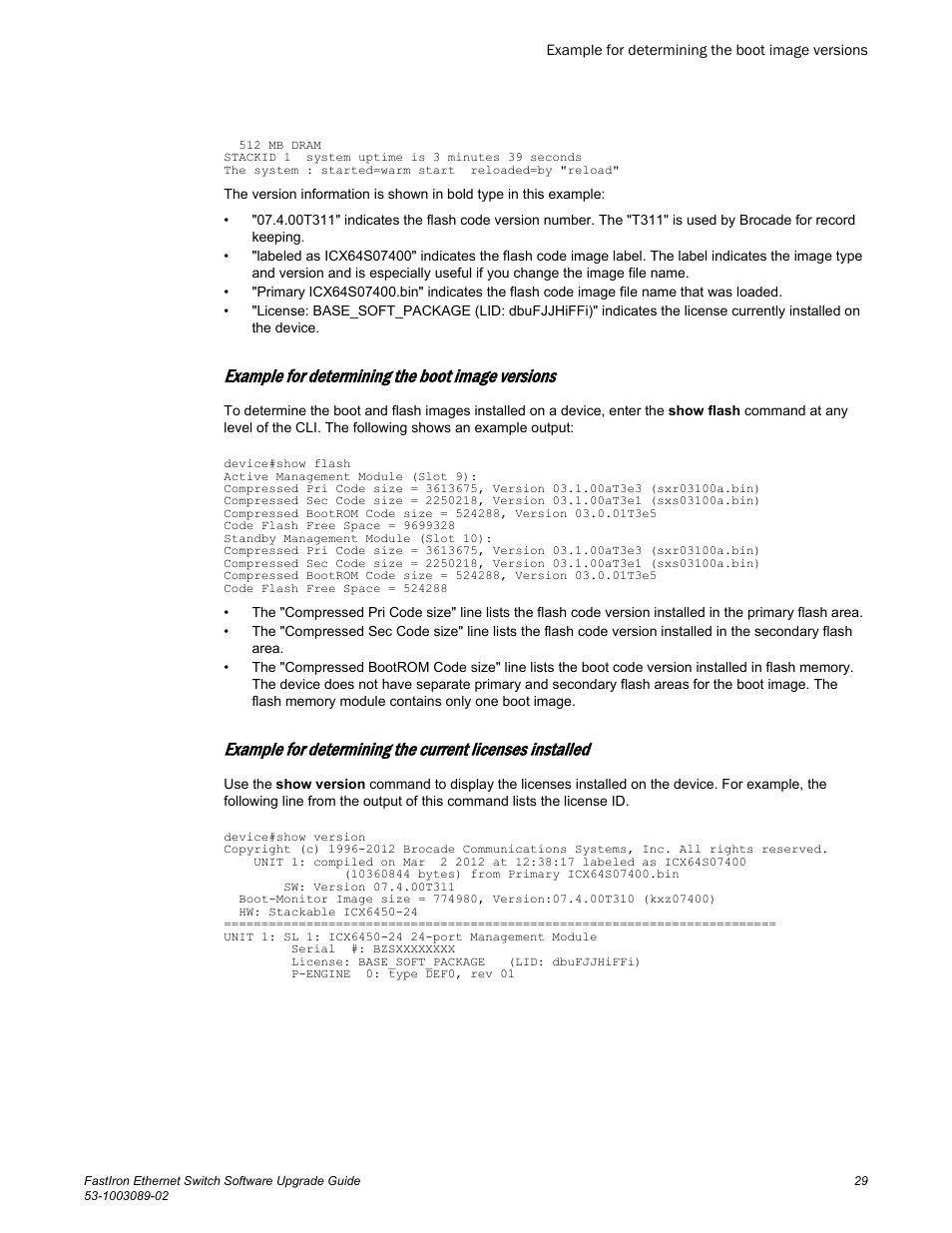 Example for determining the boot image versions | Brocade FastIron Ethernet Switch Software Upgrade Guide User Manual | Page 31 / 121