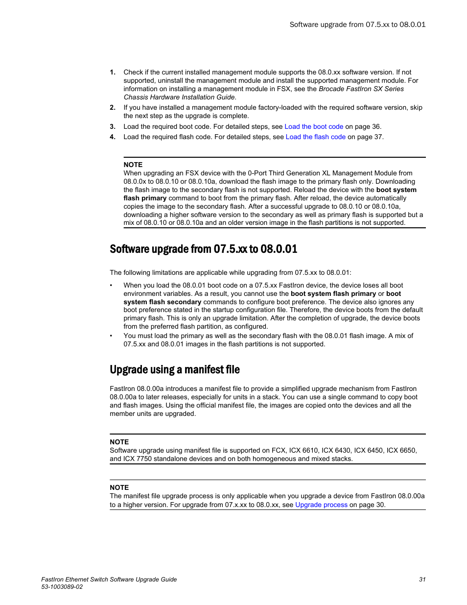 Software upgrade from 07.5.xx to 08.0.01, Upgrade using a manifest file, Software upgrade from | Xx to 08.0.01 | Brocade FastIron Ethernet Switch Software Upgrade Guide User Manual | Page 33 / 121