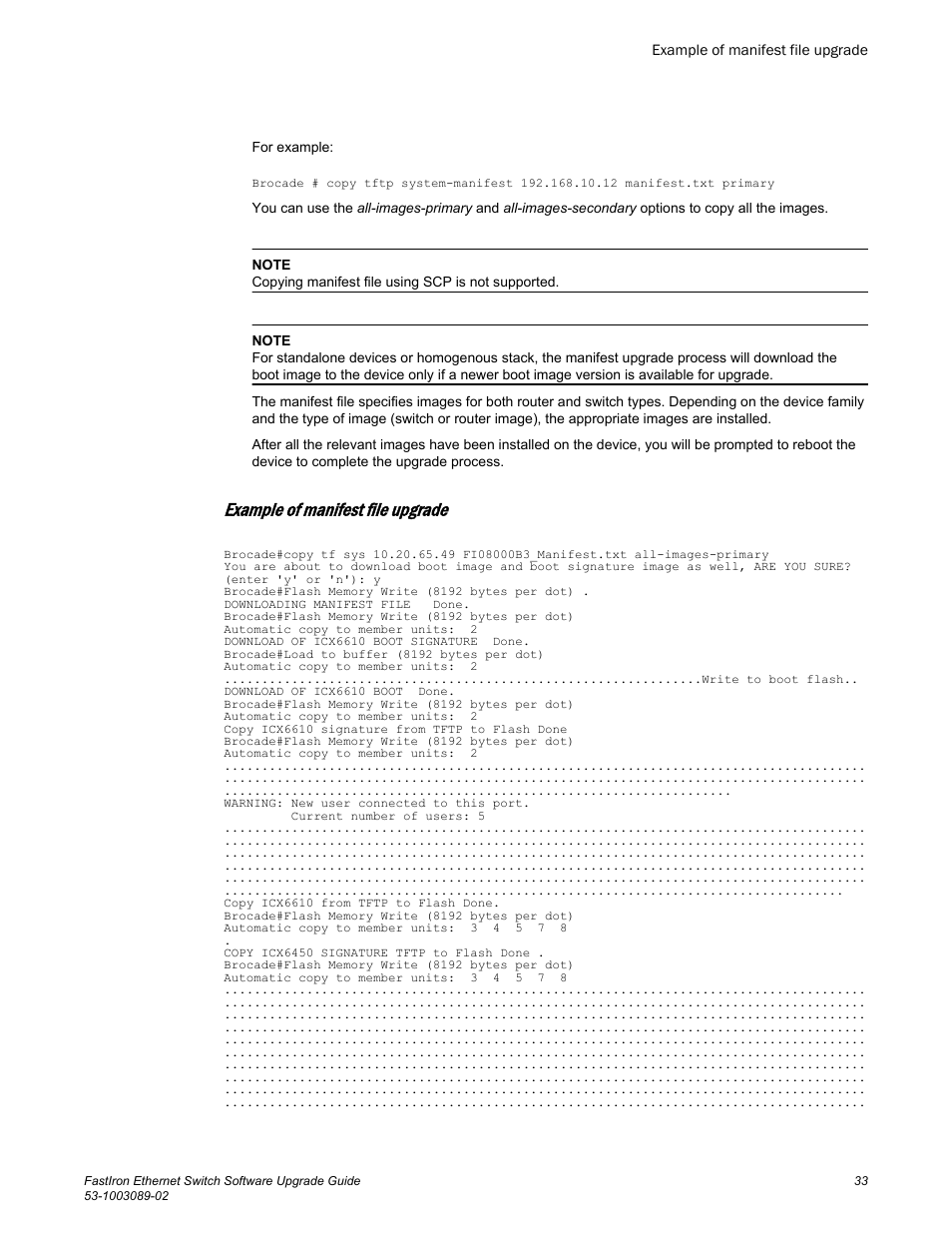 Example of manifest file upgrade | Brocade FastIron Ethernet Switch Software Upgrade Guide User Manual | Page 35 / 121