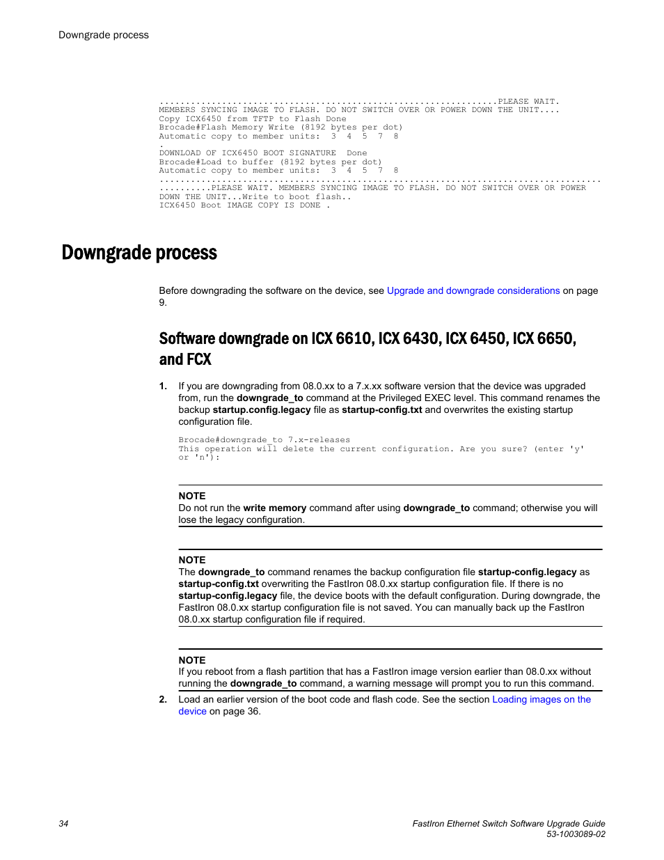 Downgrade process, 6650, and fcx | Brocade FastIron Ethernet Switch Software Upgrade Guide User Manual | Page 36 / 121