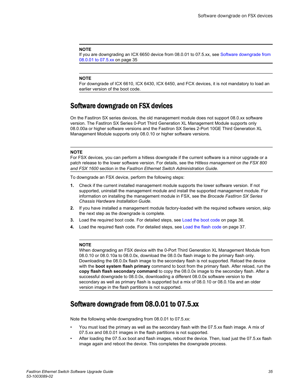 Software downgrade on fsx devices, Software downgrade from 08.0.01 to 07.5.xx | Brocade FastIron Ethernet Switch Software Upgrade Guide User Manual | Page 37 / 121