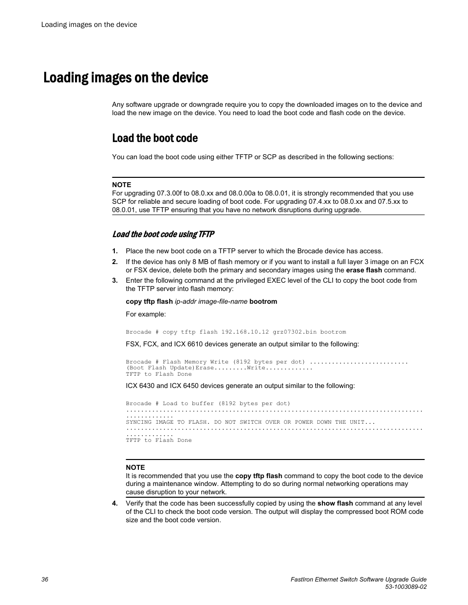 Loading images on the device, Load the boot code, Load the boot code using tftp | Loading images on the, Device | Brocade FastIron Ethernet Switch Software Upgrade Guide User Manual | Page 38 / 121