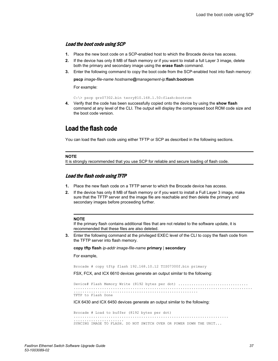 Load the boot code using scp, Load the flash code, Load the flash code using tftp | Brocade FastIron Ethernet Switch Software Upgrade Guide User Manual | Page 39 / 121