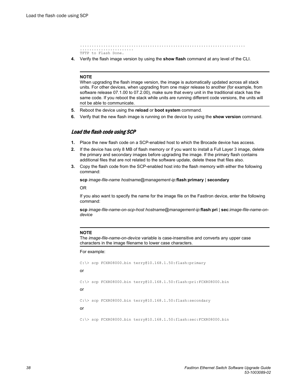 Load the flash code using scp | Brocade FastIron Ethernet Switch Software Upgrade Guide User Manual | Page 40 / 121