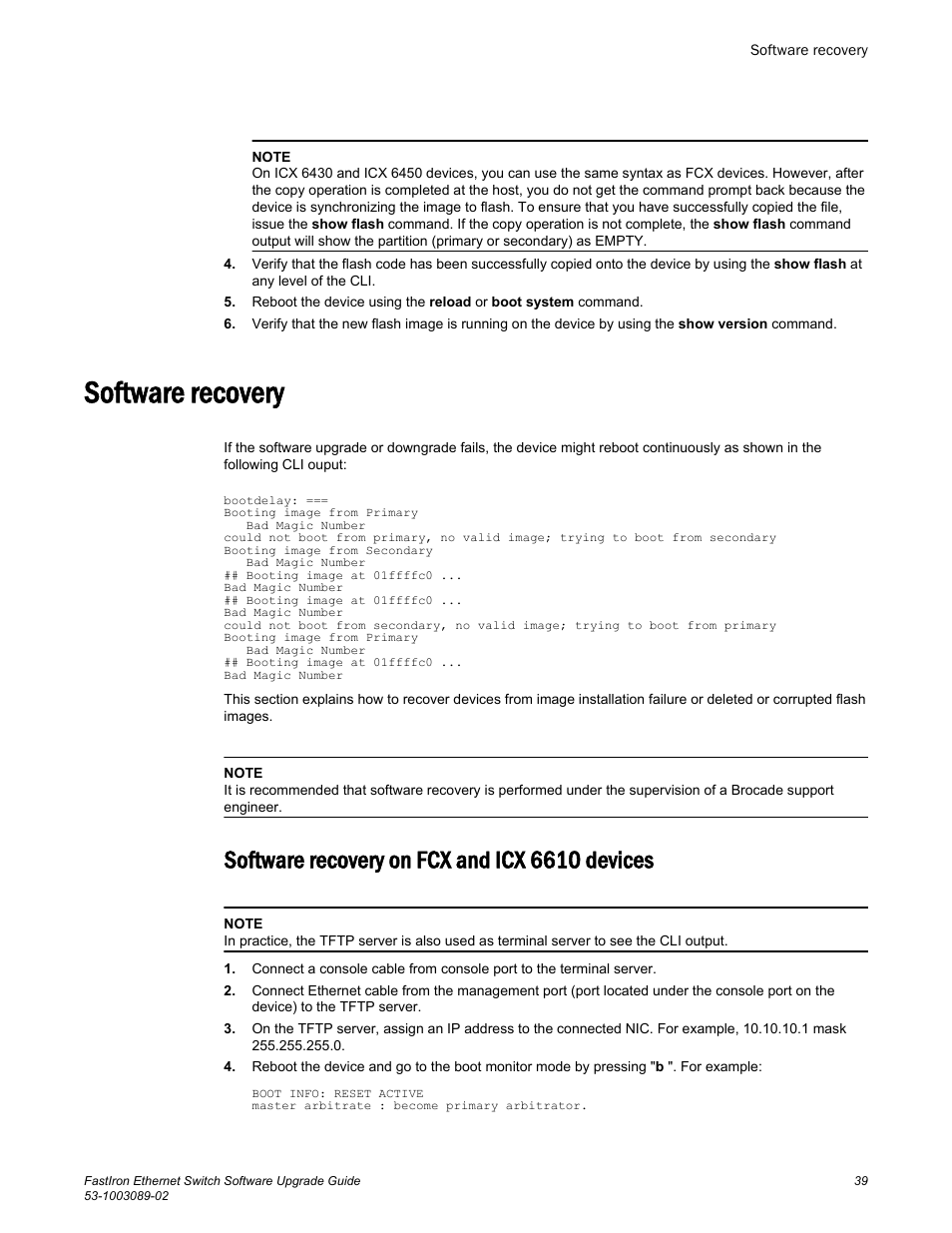 Software recovery, Software recovery on fcx and icx 6610 devices | Brocade FastIron Ethernet Switch Software Upgrade Guide User Manual | Page 41 / 121