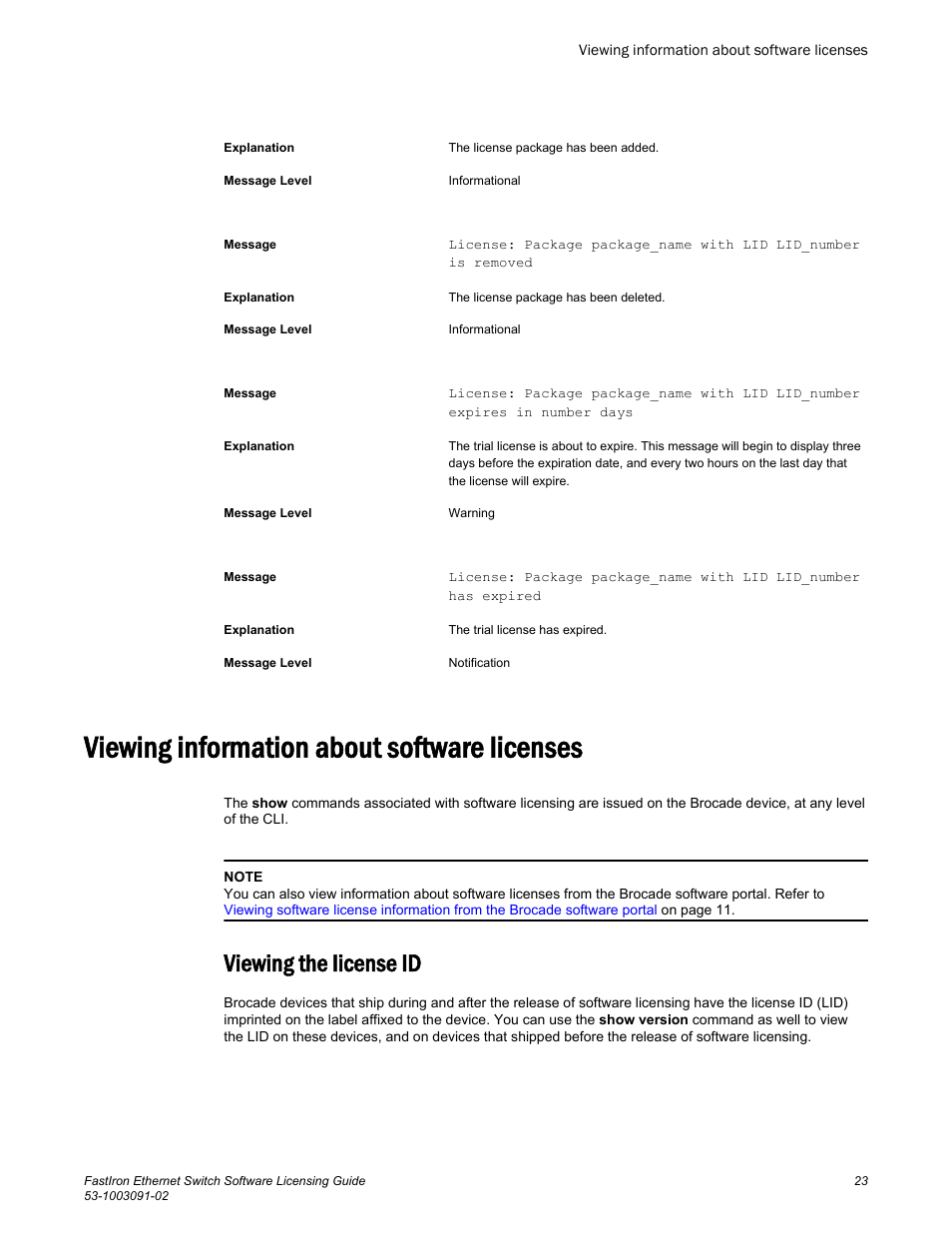 Viewing information about software licenses, Viewing the license id | Brocade FastIron Ethernet Switch Software Licensing Guide User Manual | Page 25 / 58