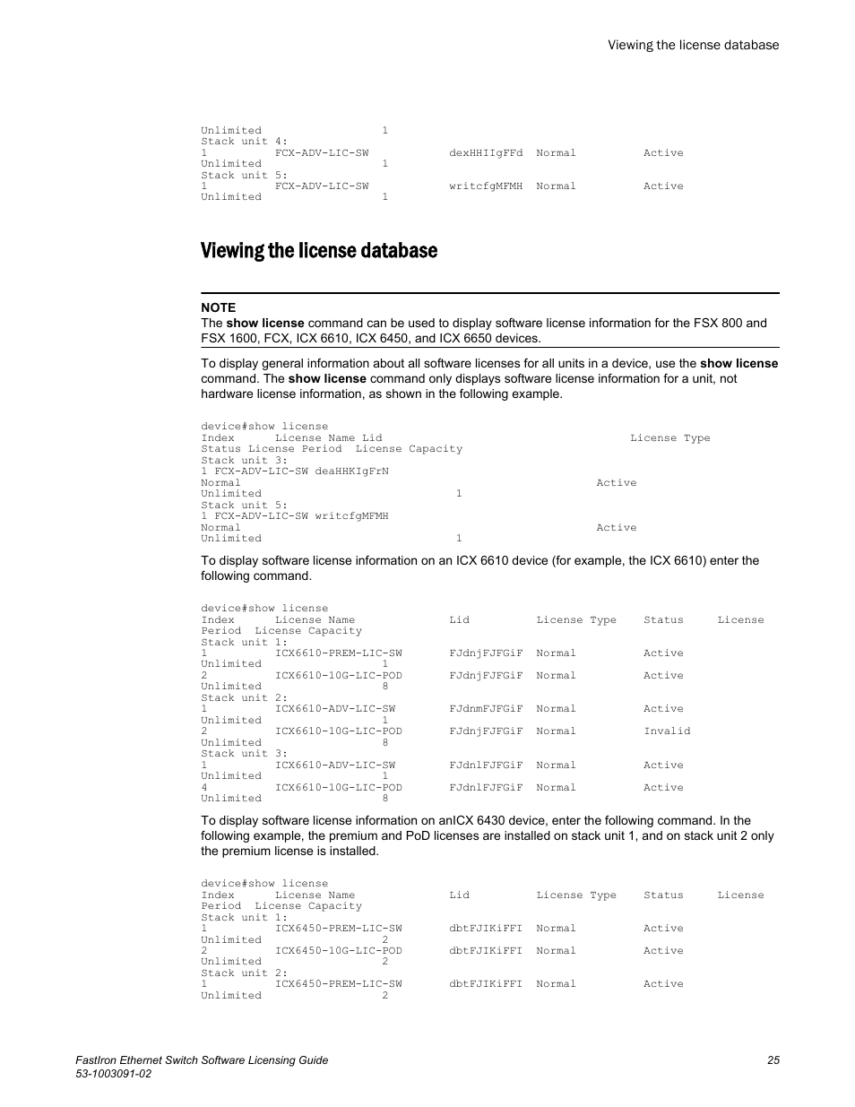 Viewing the license database | Brocade FastIron Ethernet Switch Software Licensing Guide User Manual | Page 27 / 58