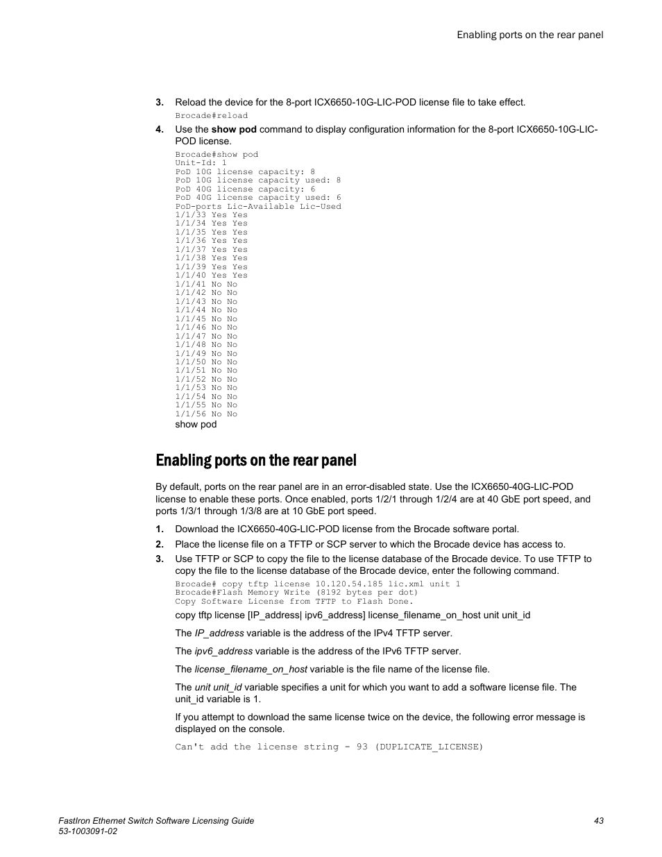 Enabling ports on the rear panel | Brocade FastIron Ethernet Switch Software Licensing Guide User Manual | Page 45 / 58