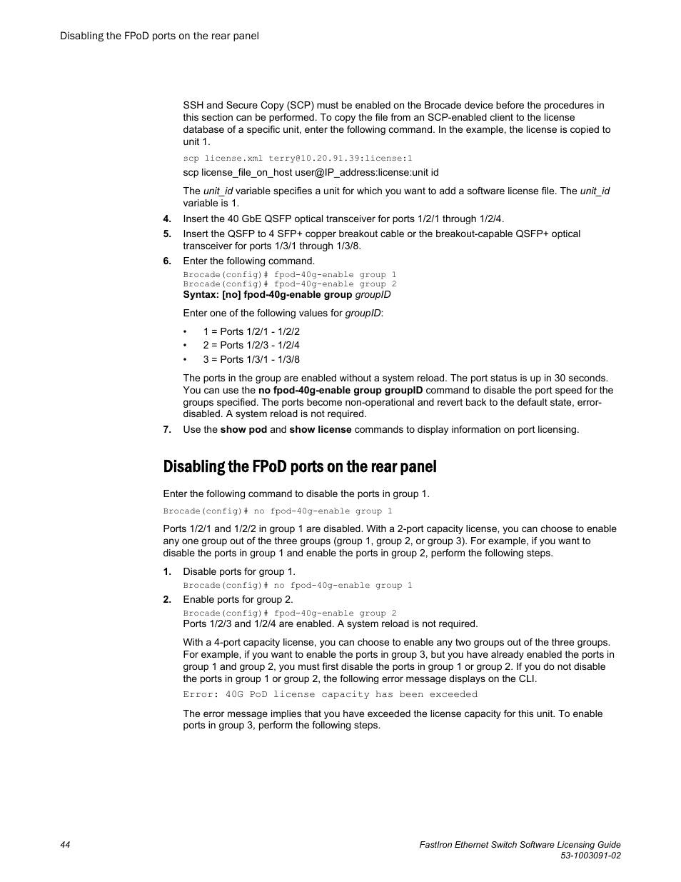 Disabling the fpod ports on the rear panel | Brocade FastIron Ethernet Switch Software Licensing Guide User Manual | Page 46 / 58