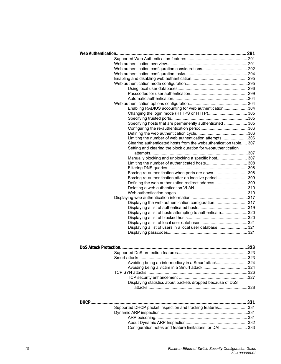 Brocade FastIron Ethernet Switch Security Configuration Guide User Manual | Page 10 / 396