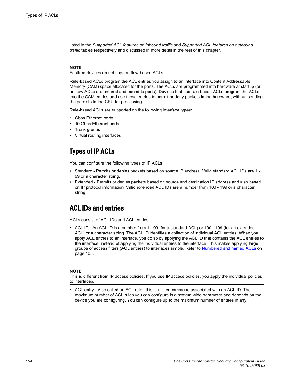 Types of ip acls, Acl ids and entries, Types of ip acls acl ids and entries | Brocade FastIron Ethernet Switch Security Configuration Guide User Manual | Page 104 / 396