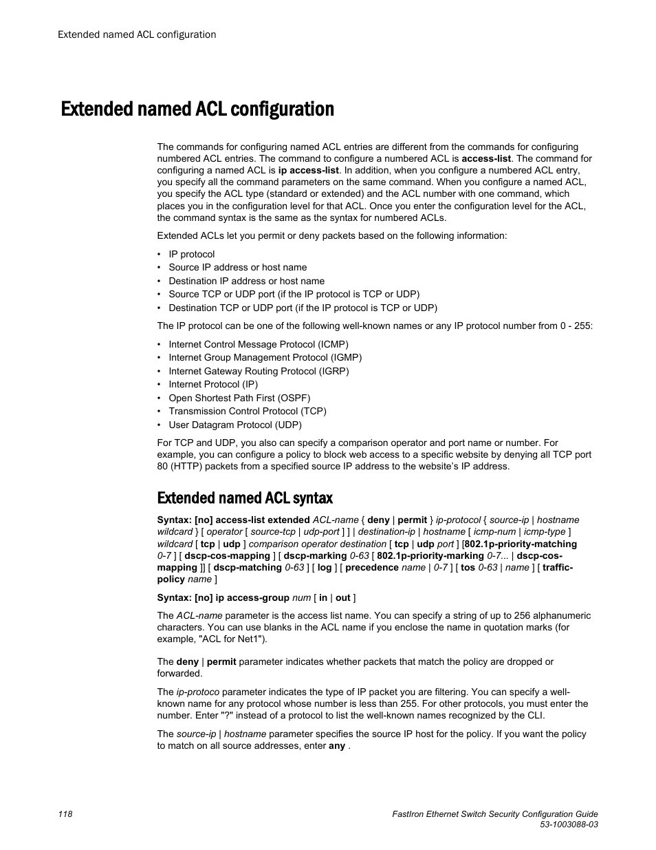 Extended named acl configuration, Extended named acl syntax | Brocade FastIron Ethernet Switch Security Configuration Guide User Manual | Page 118 / 396