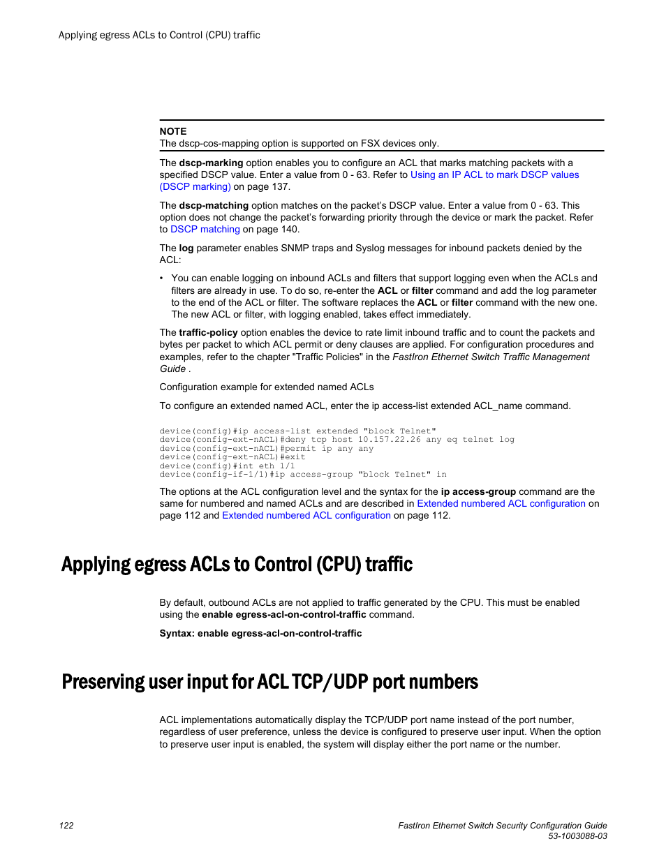 Applying egress acls to control (cpu) traffic, Preserving user input for acl tcp/udp port numbers | Brocade FastIron Ethernet Switch Security Configuration Guide User Manual | Page 122 / 396