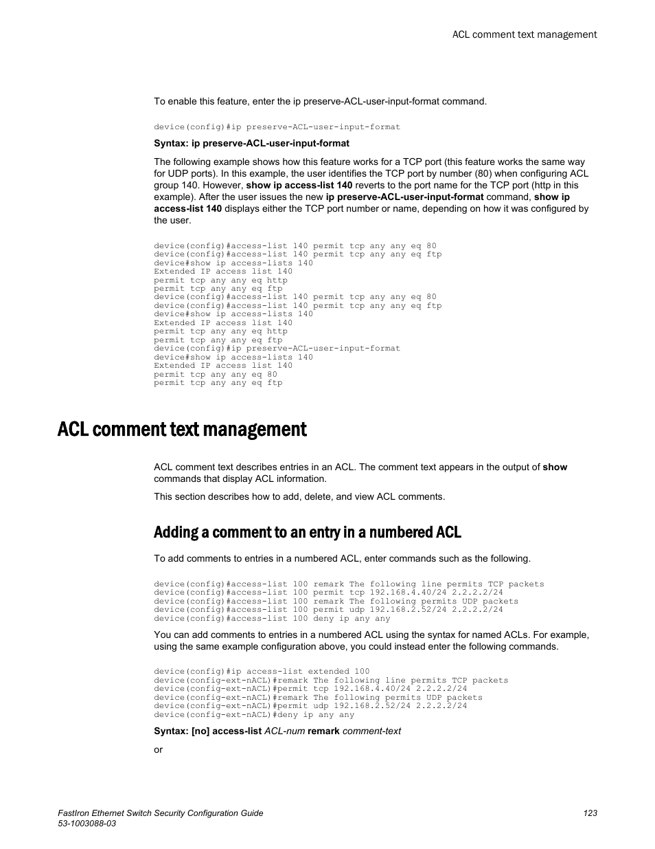 Acl comment text management, Adding a comment to an entry in a numbered acl | Brocade FastIron Ethernet Switch Security Configuration Guide User Manual | Page 123 / 396