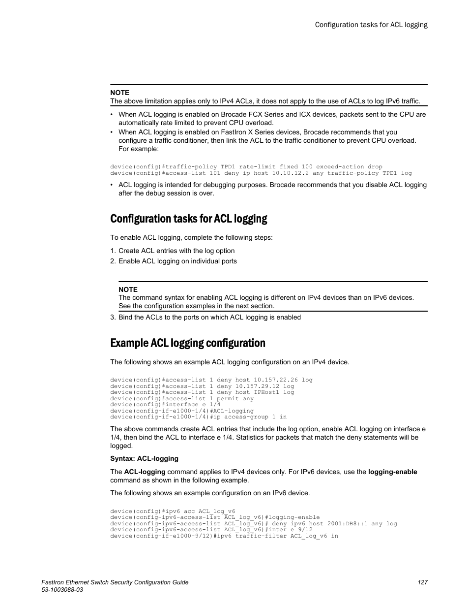 Configuration tasks for acl logging, Example acl logging configuration | Brocade FastIron Ethernet Switch Security Configuration Guide User Manual | Page 127 / 396