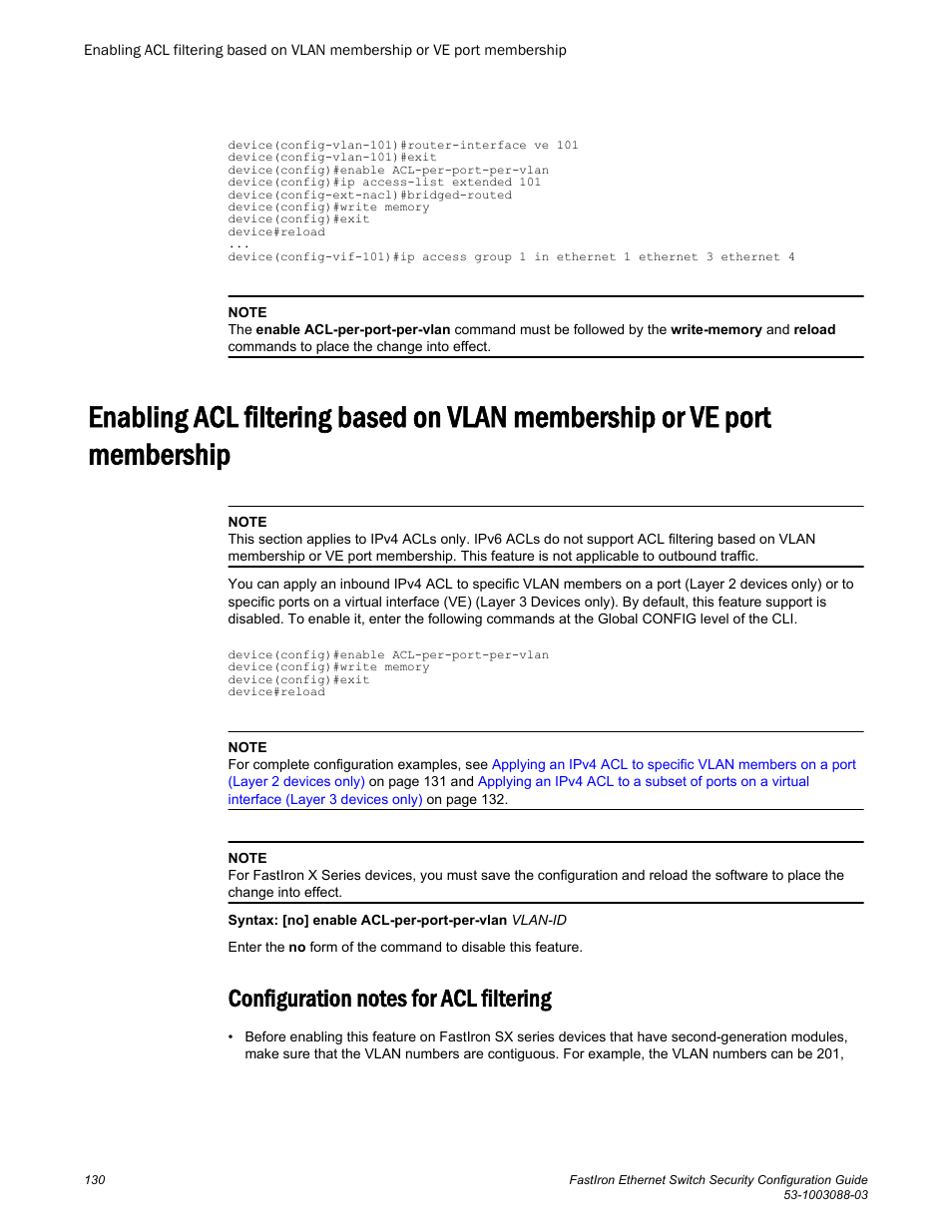 Configuration notes for acl filtering, Membership, Enabling acl filtering based on | Vlan membership or ve port membership | Brocade FastIron Ethernet Switch Security Configuration Guide User Manual | Page 130 / 396