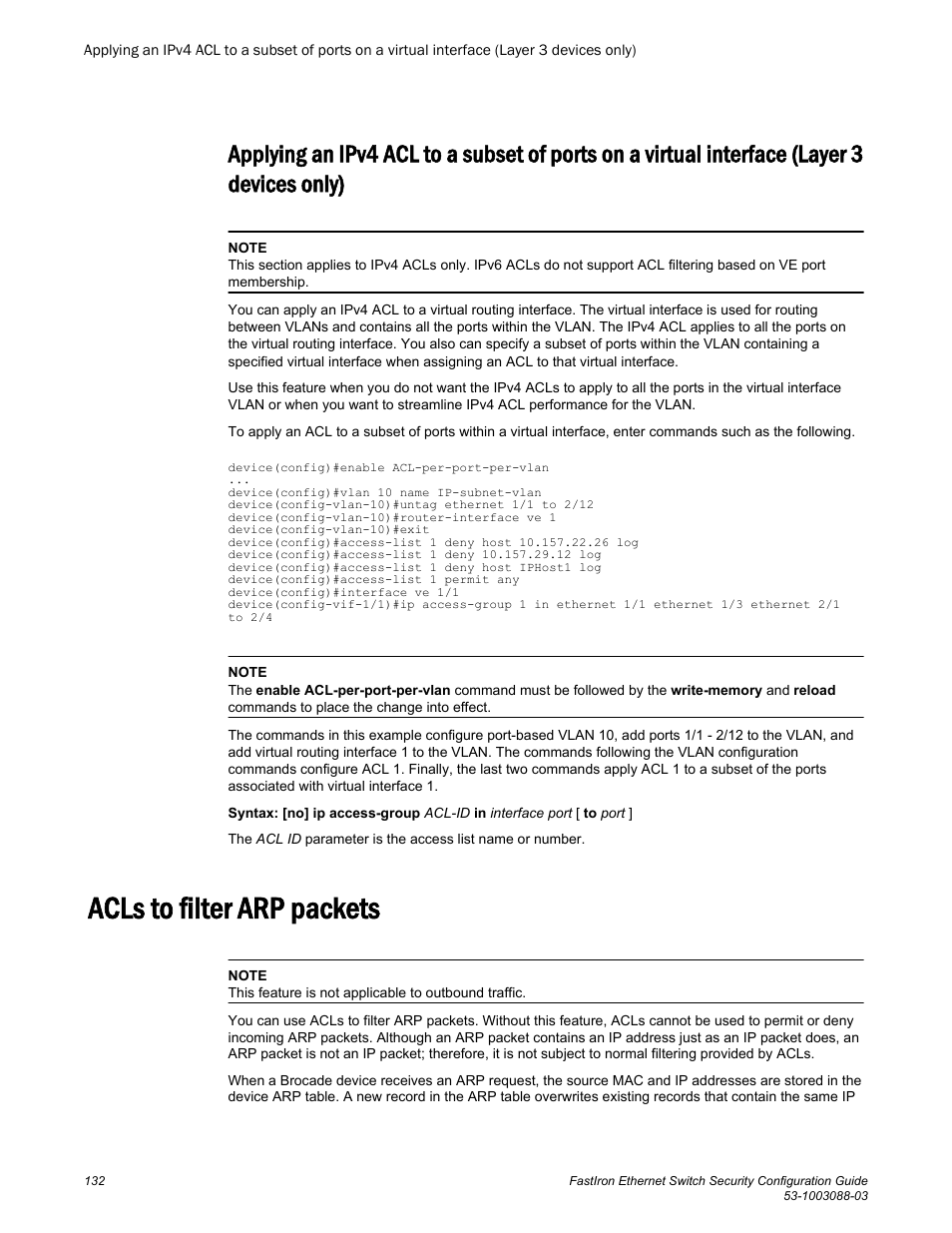 Acls to filter arp packets, Layer 3 devices only), Interface (layer 3 devices only) | Brocade FastIron Ethernet Switch Security Configuration Guide User Manual | Page 132 / 396