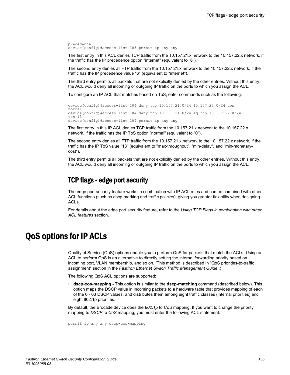 Tcp flags - edge port security, Qos options for ip acls, Option set for the icmp-type parameter. see | Brocade FastIron Ethernet Switch Security Configuration Guide User Manual | Page 135 / 396
