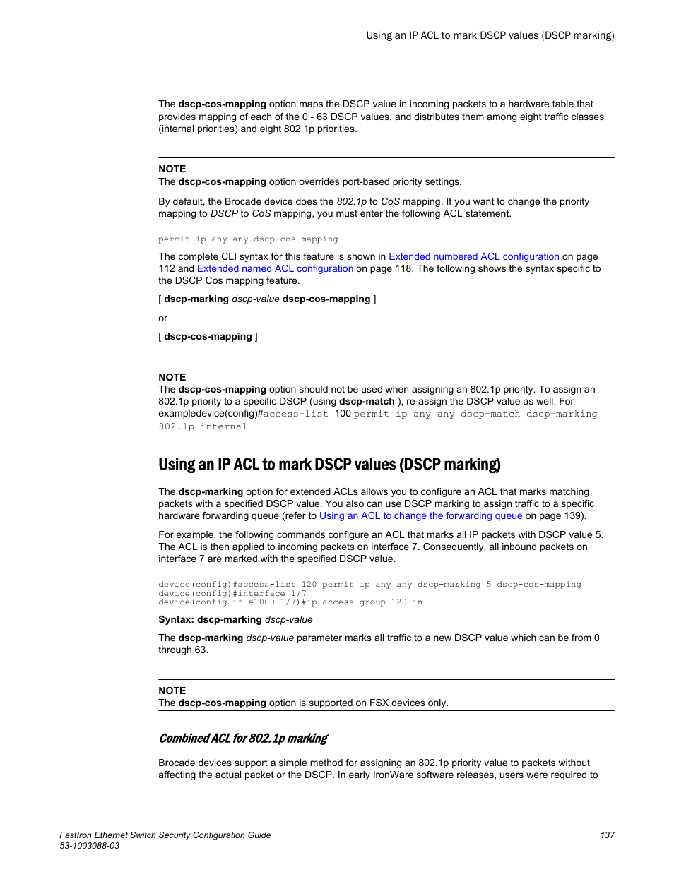 Using an ip acl to mark dscp values (dscp marking), Combined acl for 802.1p marking, Using an ip acl to mark dscp values | Dscp marking) | Brocade FastIron Ethernet Switch Security Configuration Guide User Manual | Page 137 / 396