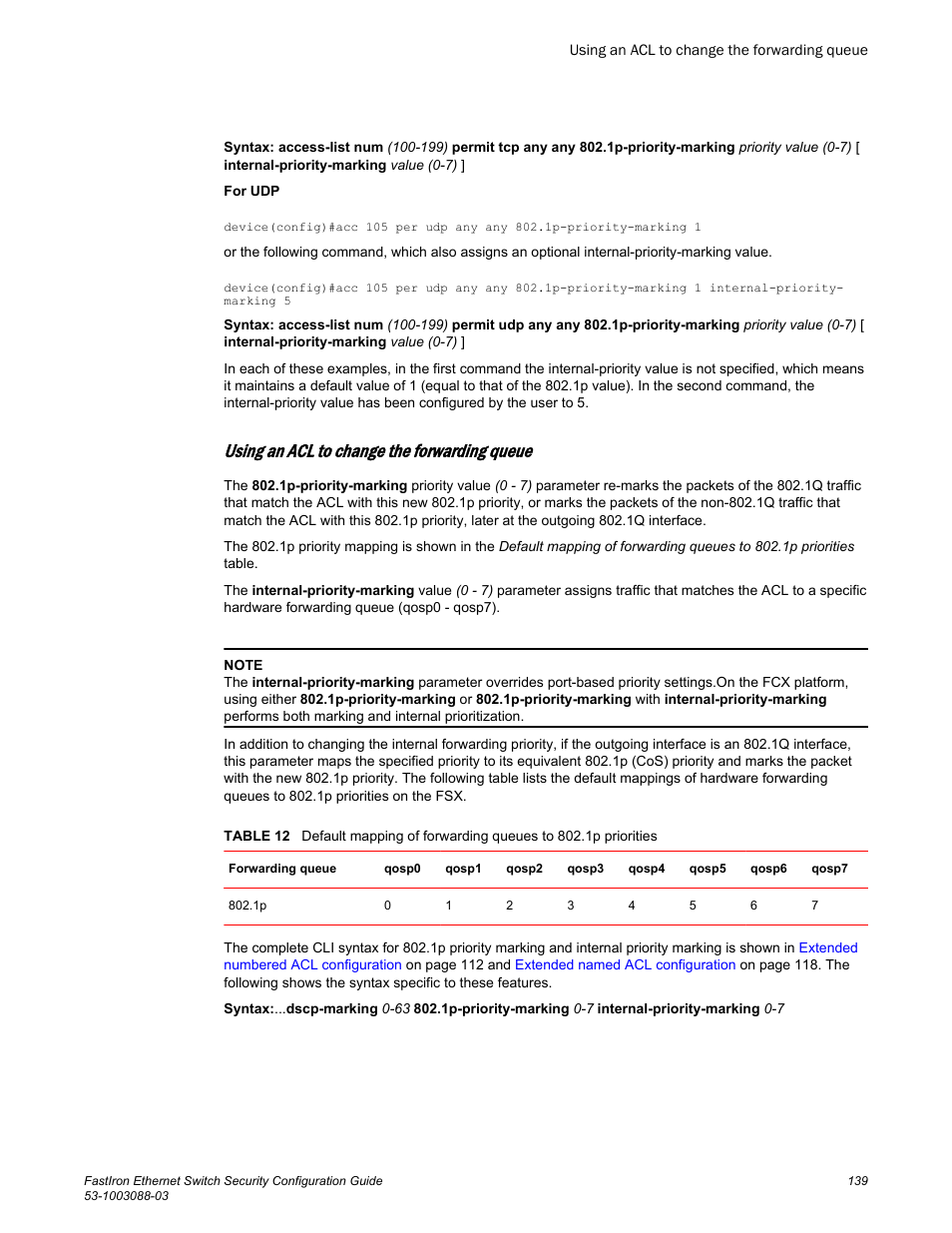 Using an acl to change the forwarding queue, Hardware forwarding queue (refer to | Brocade FastIron Ethernet Switch Security Configuration Guide User Manual | Page 139 / 396