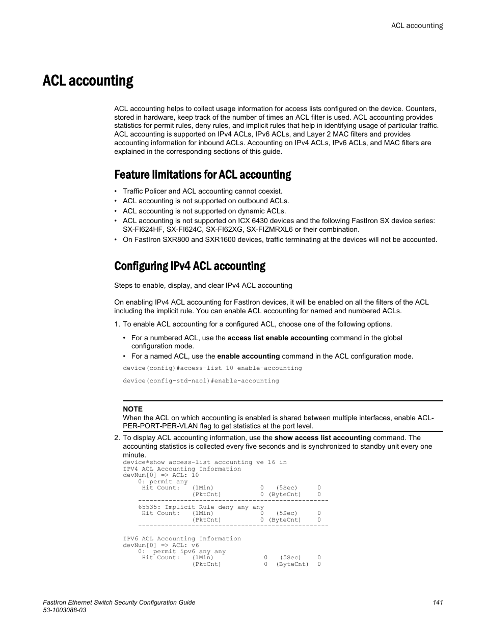 Acl accounting, Configuring ipv4 acl accounting, Feature limitations for acl accounting | Brocade FastIron Ethernet Switch Security Configuration Guide User Manual | Page 141 / 396