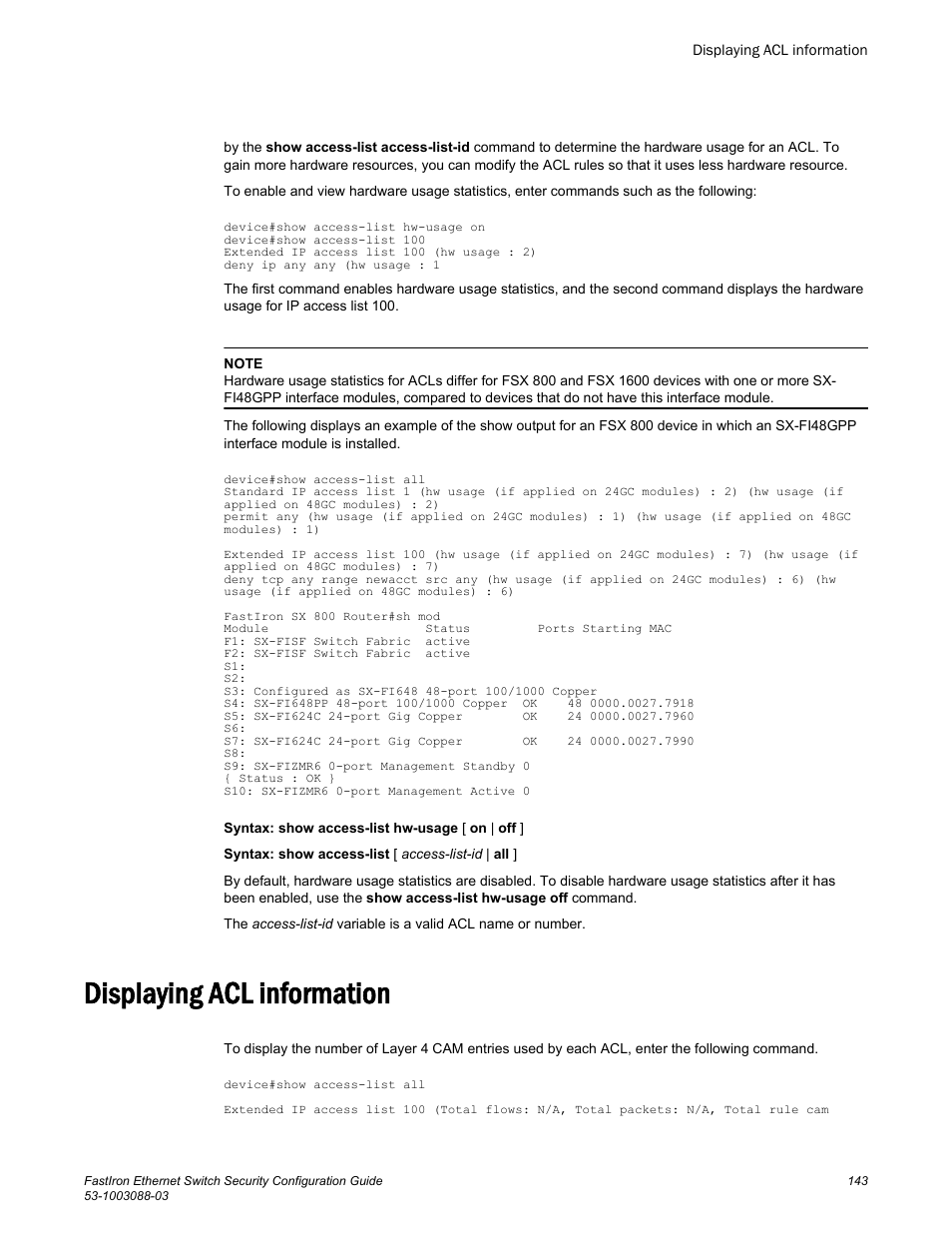 Displaying acl information | Brocade FastIron Ethernet Switch Security Configuration Guide User Manual | Page 143 / 396