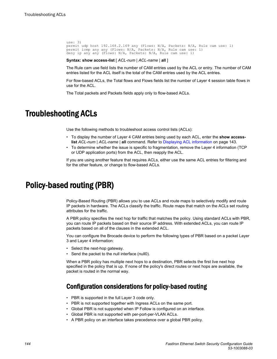 Troubleshooting acls, Policy-based routing (pbr), Troubleshooting acls policy-based routing (pbr) | Brocade FastIron Ethernet Switch Security Configuration Guide User Manual | Page 144 / 396