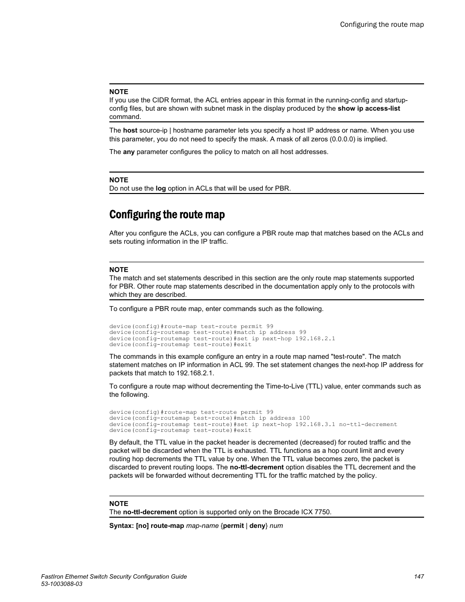 Configuring the route map | Brocade FastIron Ethernet Switch Security Configuration Guide User Manual | Page 147 / 396