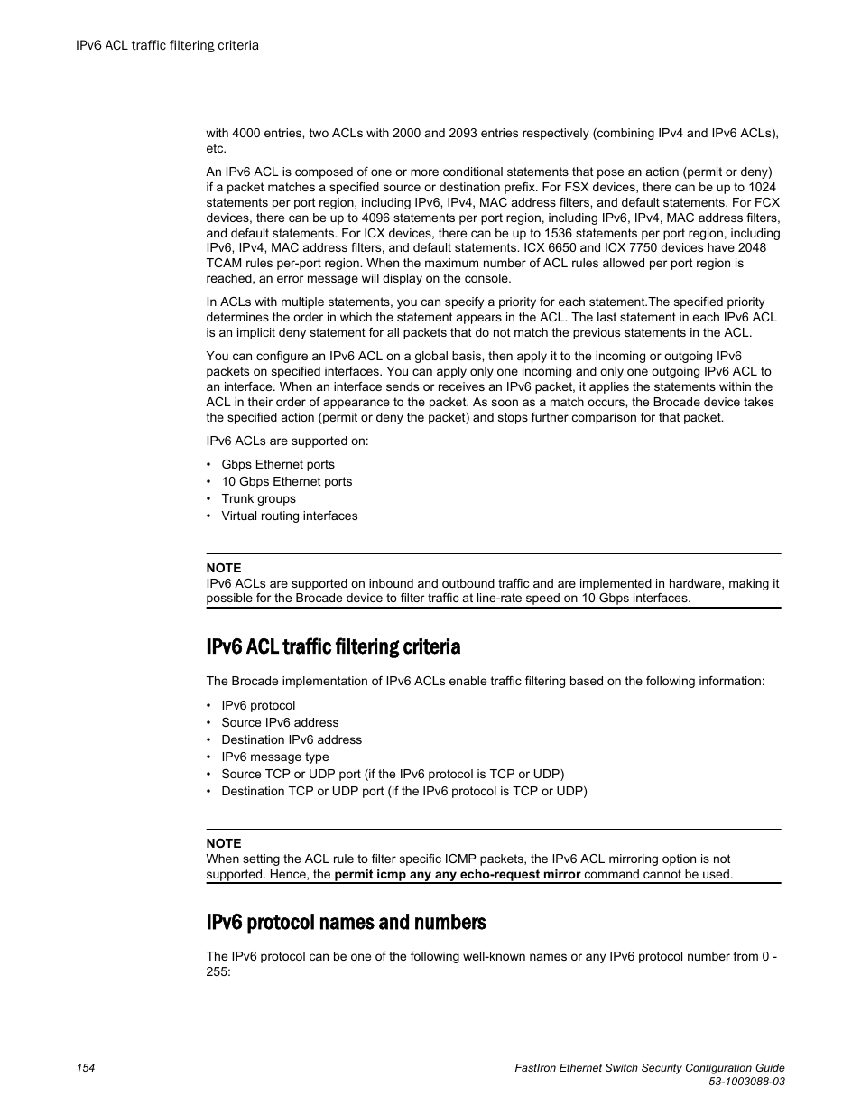 Ipv6 acl traffic filtering criteria, Ipv6 protocol names and numbers | Brocade FastIron Ethernet Switch Security Configuration Guide User Manual | Page 154 / 396