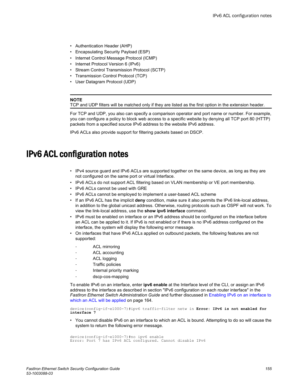 Ipv6 acl configuration notes | Brocade FastIron Ethernet Switch Security Configuration Guide User Manual | Page 155 / 396