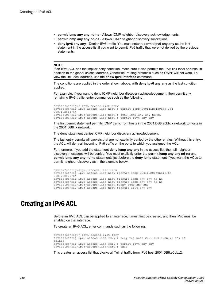 Creating an ipv6 acl | Brocade FastIron Ethernet Switch Security Configuration Guide User Manual | Page 158 / 396