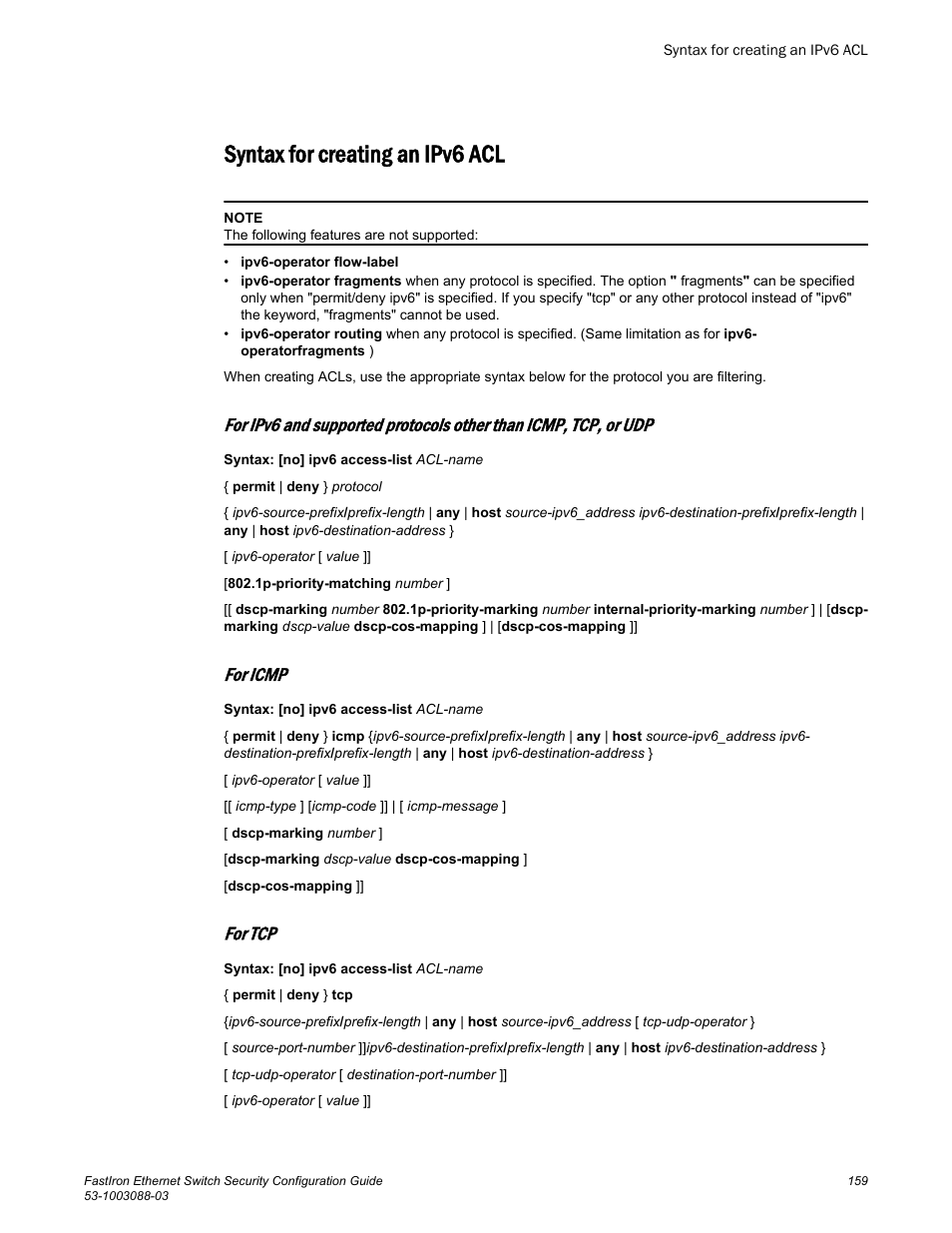 Syntax for creating an ipv6 acl, For icmp, For tcp | Brocade FastIron Ethernet Switch Security Configuration Guide User Manual | Page 159 / 396