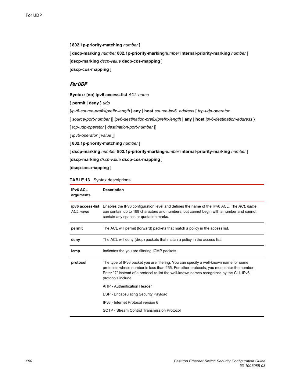 For udp | Brocade FastIron Ethernet Switch Security Configuration Guide User Manual | Page 160 / 396