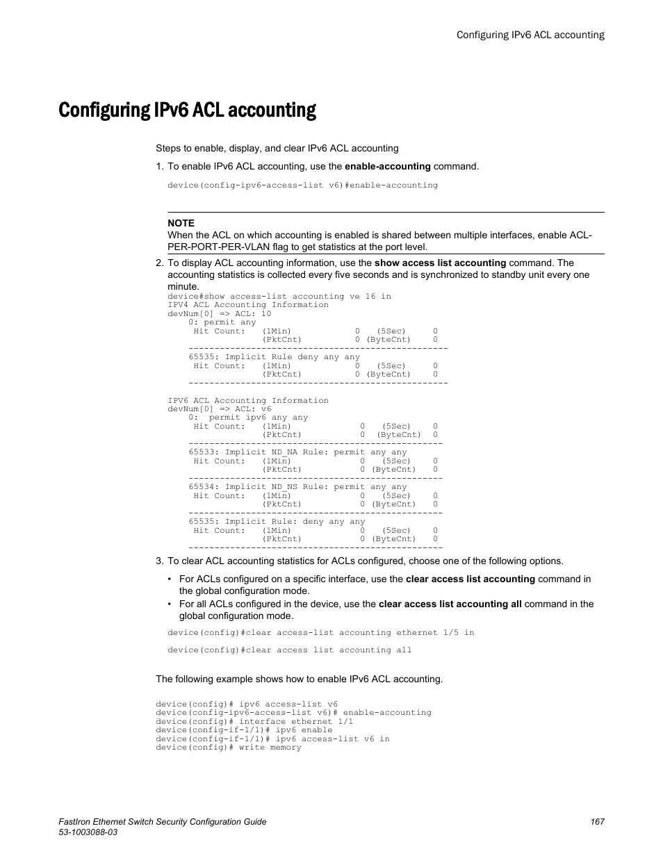 Configuring ipv6 acl accounting | Brocade FastIron Ethernet Switch Security Configuration Guide User Manual | Page 167 / 396