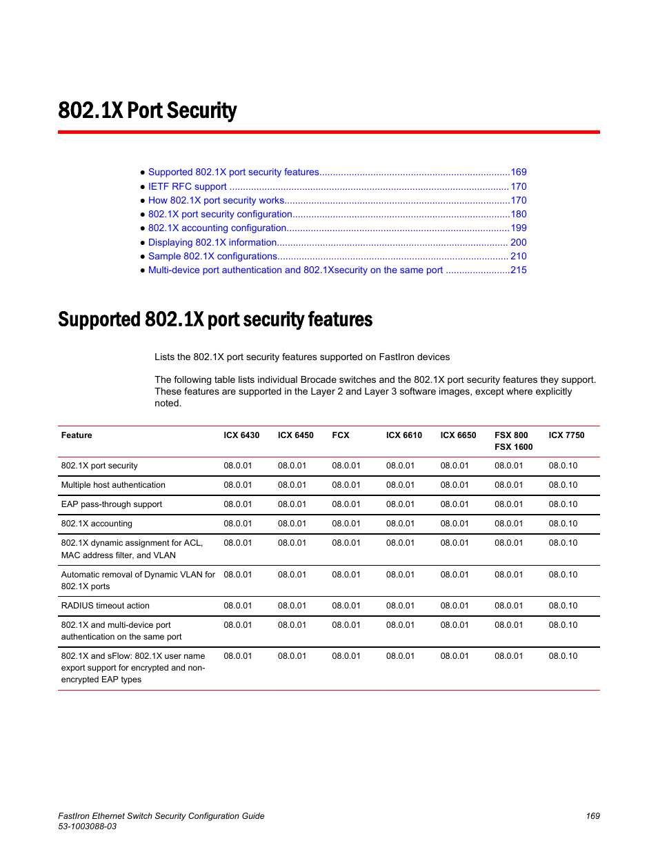 1x port security, Supported 802.1x port security features | Brocade FastIron Ethernet Switch Security Configuration Guide User Manual | Page 169 / 396