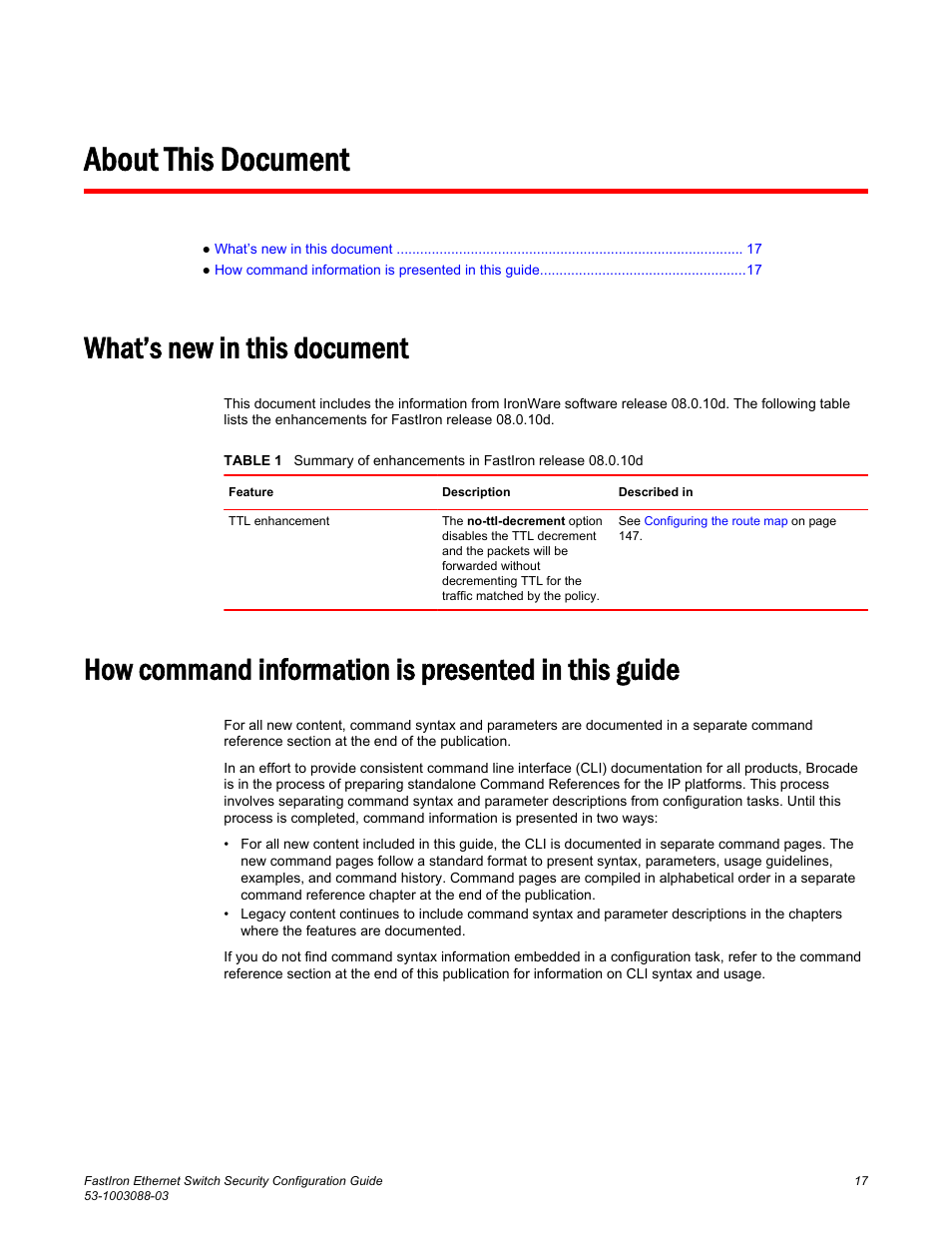 About this document, What’s new in this document, How command information is presented in this guide | Brocade FastIron Ethernet Switch Security Configuration Guide User Manual | Page 17 / 396