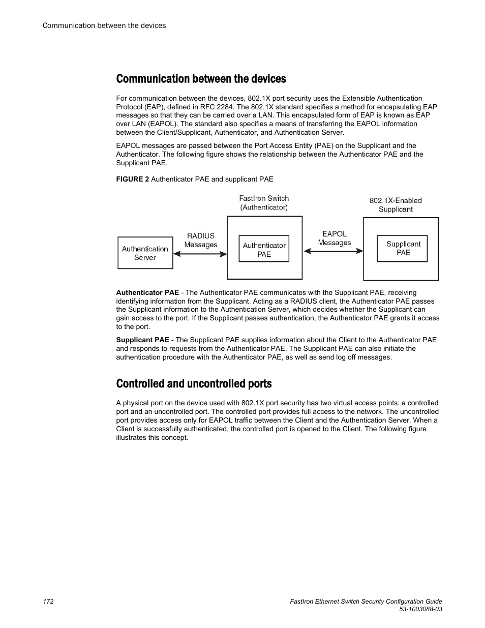 Communication between the devices, Controlled and uncontrolled ports | Brocade FastIron Ethernet Switch Security Configuration Guide User Manual | Page 172 / 396