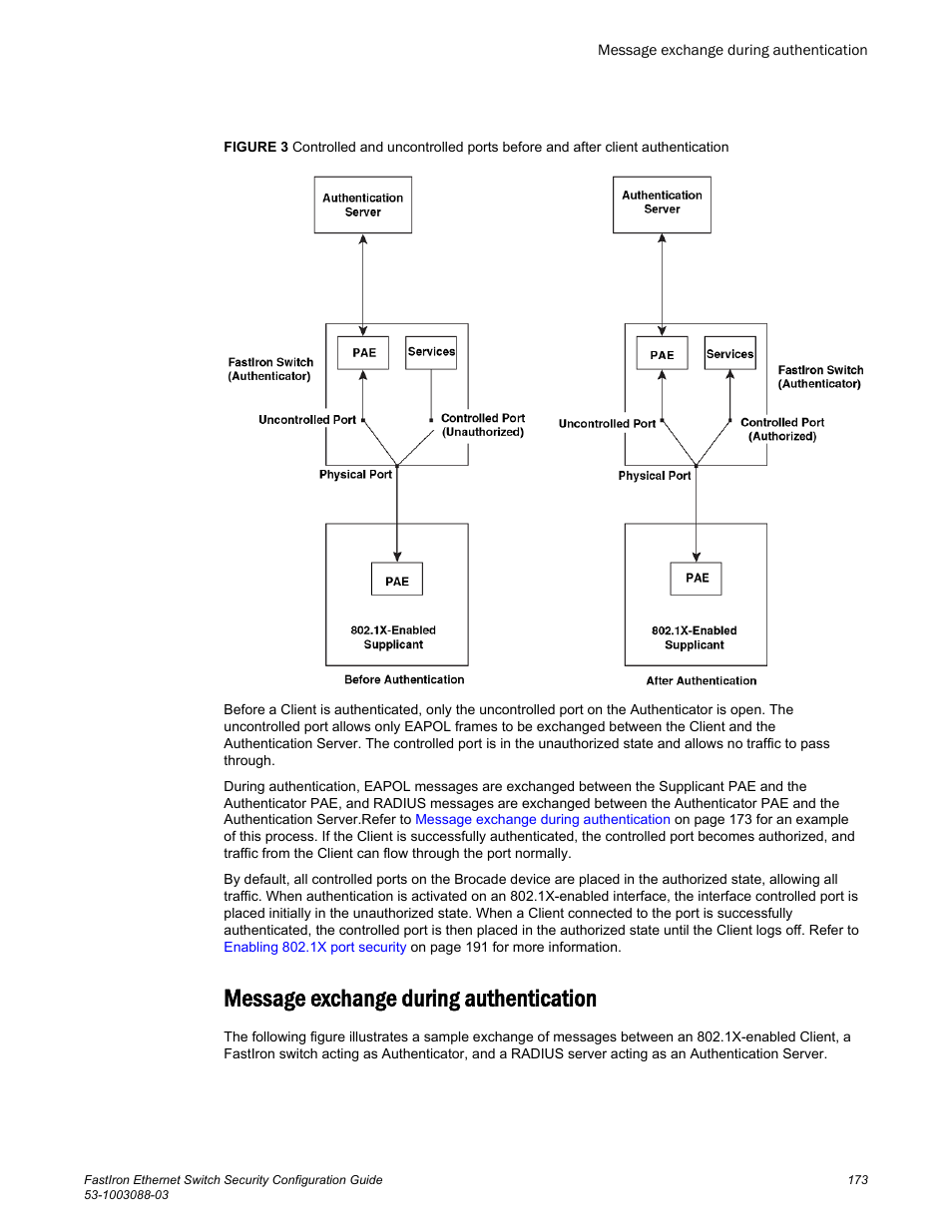 Message exchange during authentication | Brocade FastIron Ethernet Switch Security Configuration Guide User Manual | Page 173 / 396
