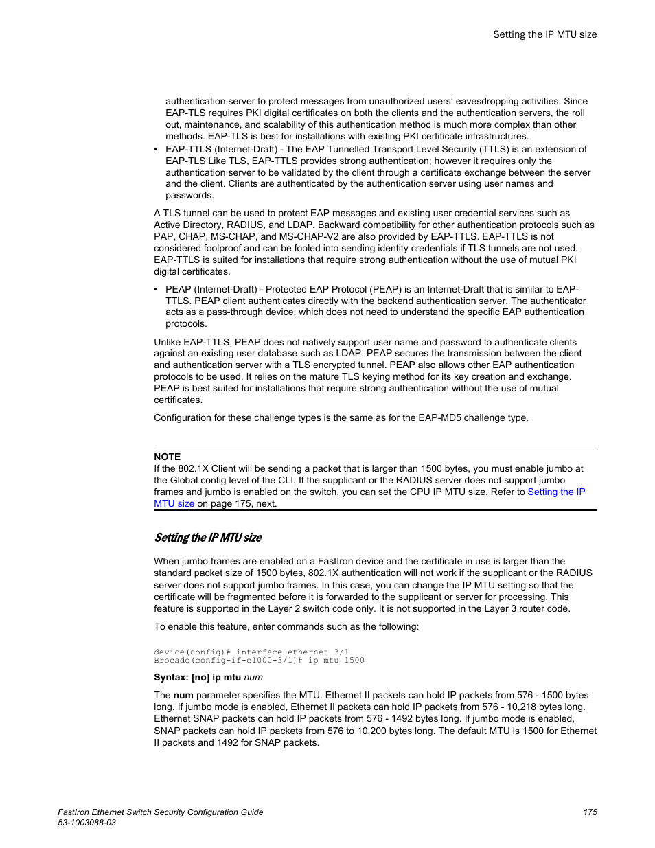 Setting the ip mtu size | Brocade FastIron Ethernet Switch Security Configuration Guide User Manual | Page 175 / 396